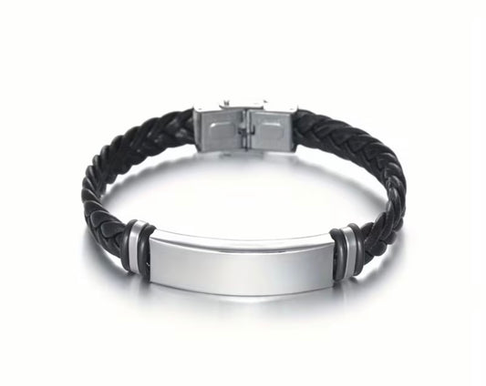 Bracelet homme en cuir tissé et acier inoxydable